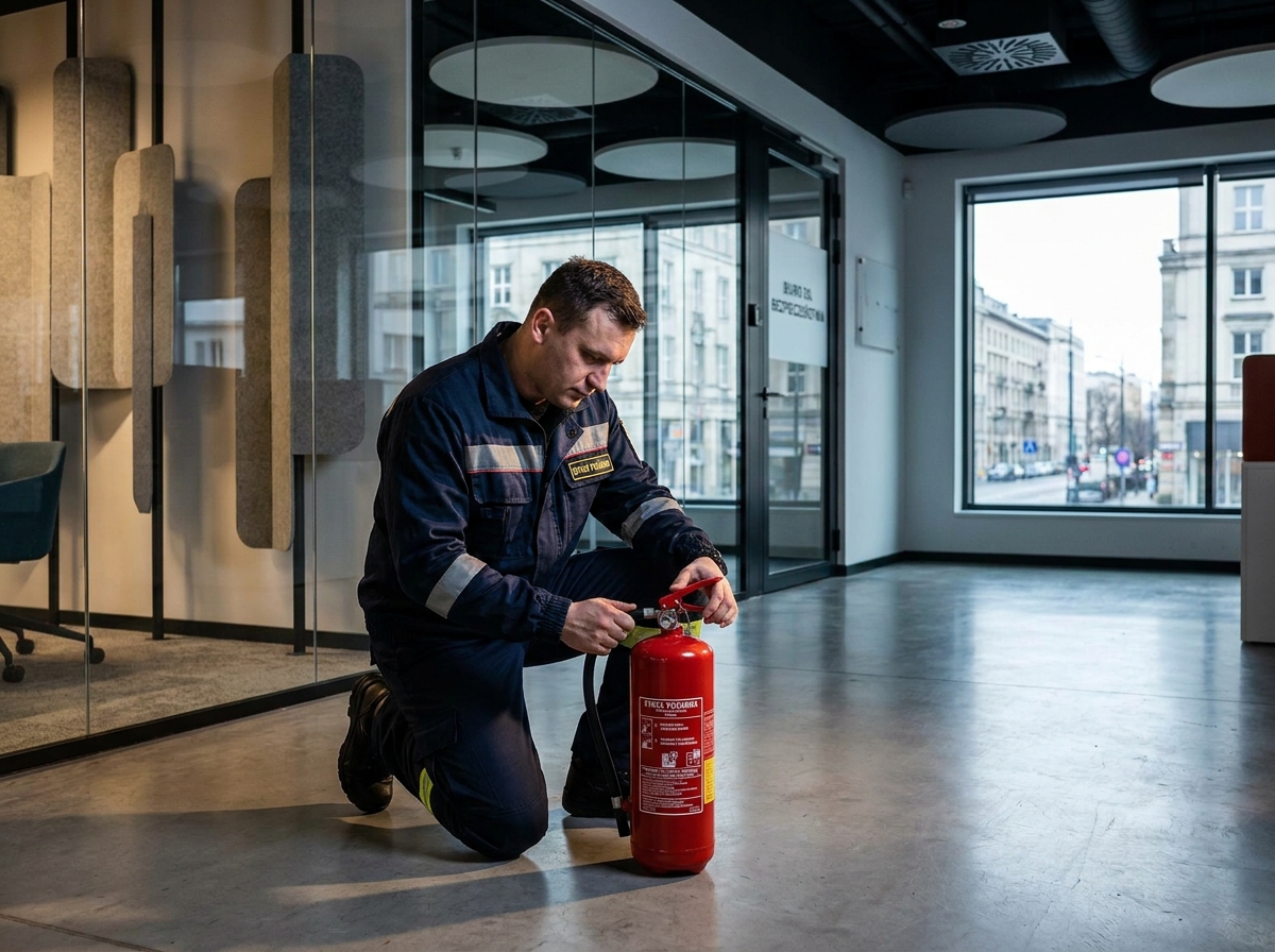 Technik MAJX podczas przeglądu gaśnicy